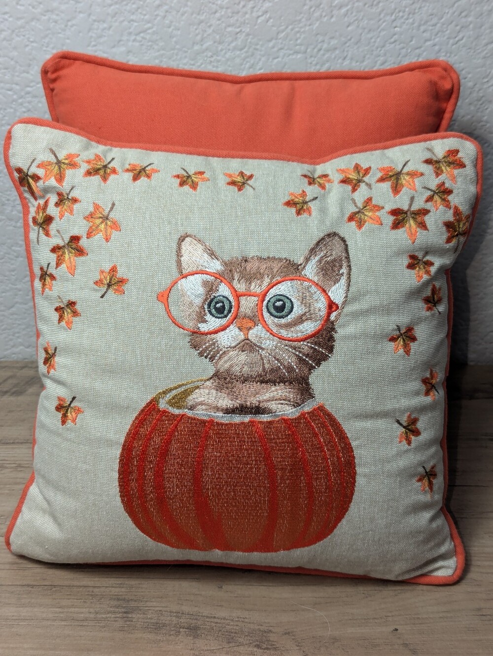 Pier 1 Imports Harvest Cat in Pumpkin Embroidered Throw Pillows - Set of 2